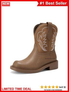 Faux Leather Mid Calf Western Cowboy Boots Round Toe Slip-On